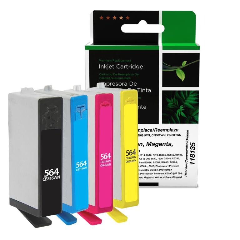 Black, Cyan, Magenta, Yellow Ink Cartridges for HP 564 (3YQ22AN) 4-Pack