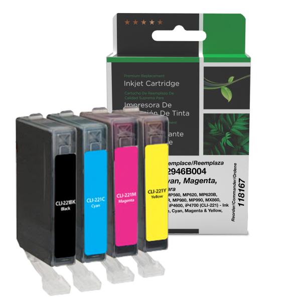 Clover Imaging Remanufactured Black, Cyan, Magenta, Yellow Ink Cartridges for Canon CLI-221 (2946B004) 4-Pack