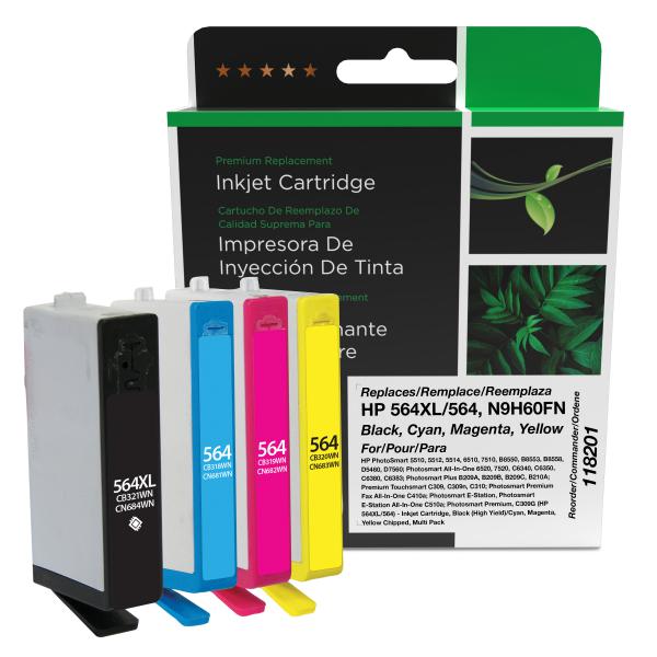 Clover Imaging Remanufactured Black High Yield, Cyan, Magenta, Yellow Ink Cartridges for HP 564XL/564 (N9H60FN) 4-Pack